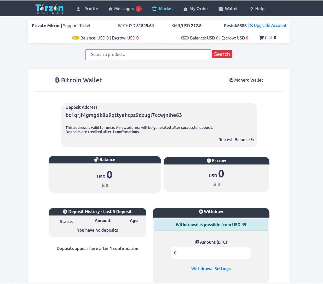 TorZon Market cryptocurrency wallet interface showing BTC and XMR deposit options